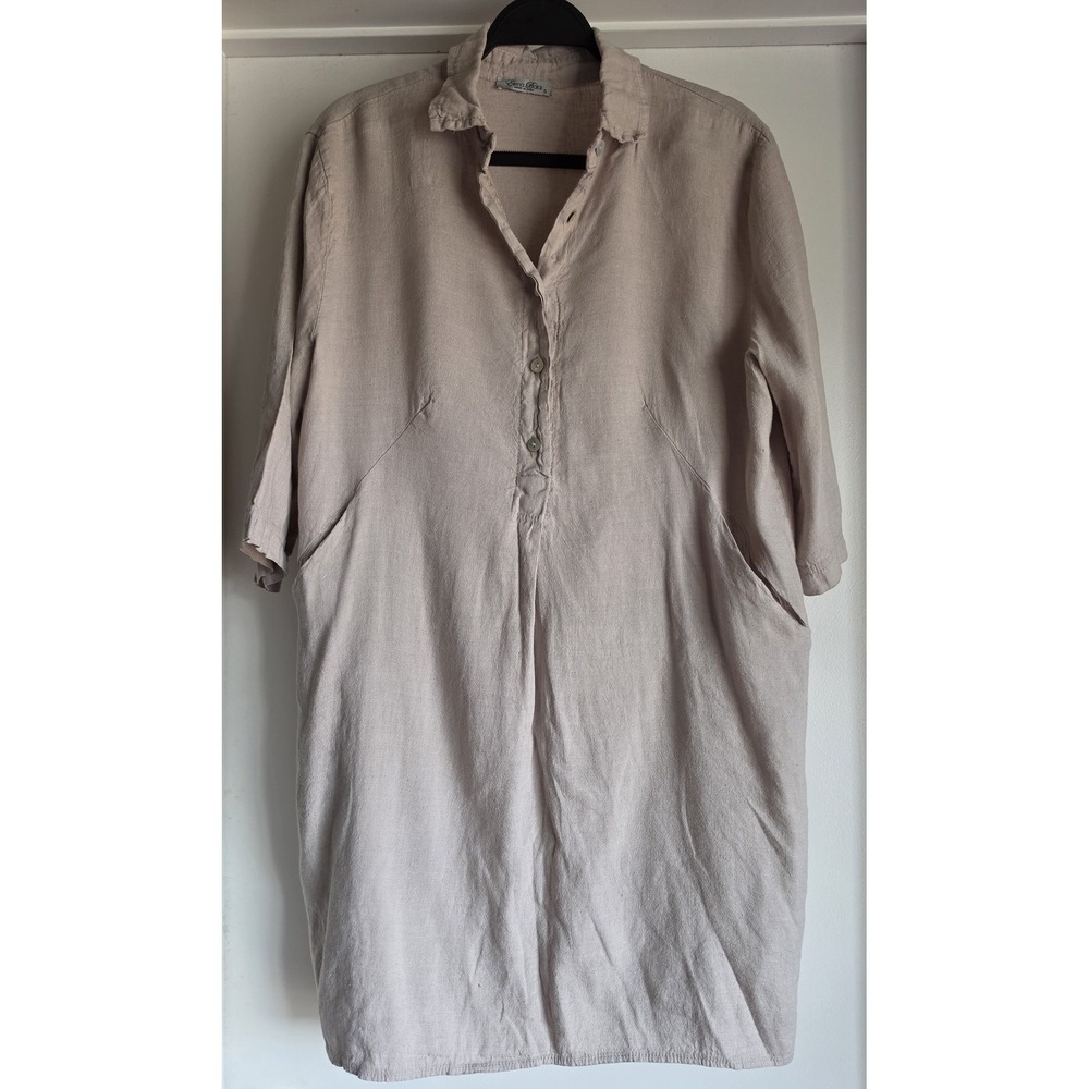 Elena Baldi Linen Tunic S Beige Collared Long Sleeve Solid Casual Italy